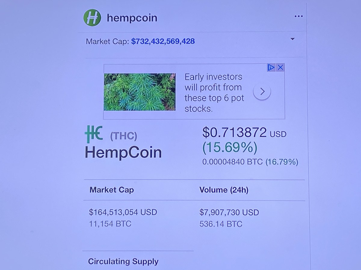 HempCoin THC on CoinMarketCap January 2018 — $0.71 price, $164M market cap, $7.9M daily volume